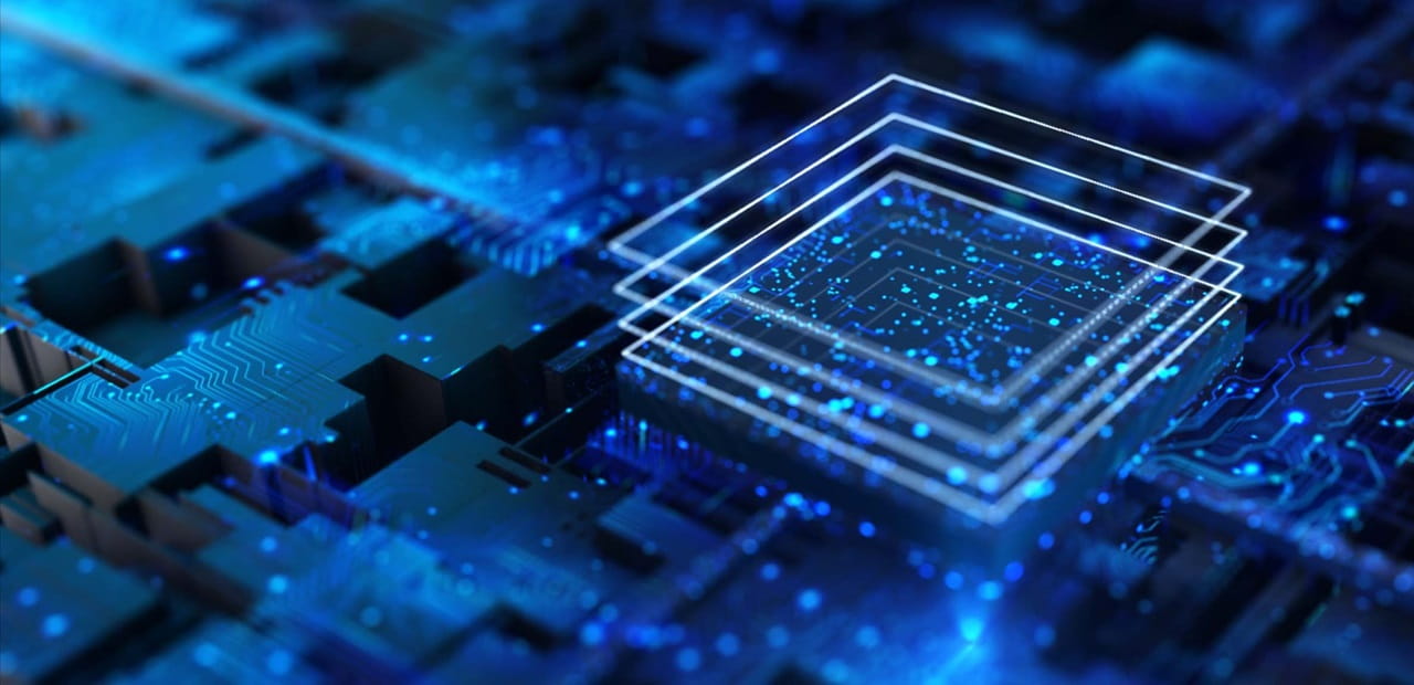 Processor chip in tech environment and blockchain concept