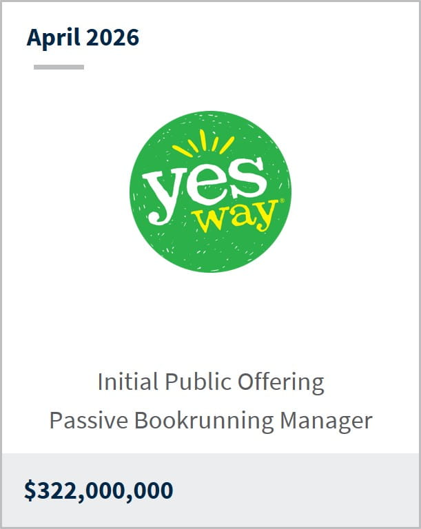 April 2026 Yesway Initial Public Offering Passive Bookrunning Manager $322,000,000